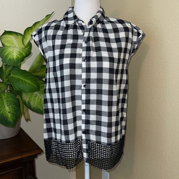 (BOGO FREE) Anthropologie Holding Horses Black White Nellie Plaid Shirt Top XS - Picture 2 of 3